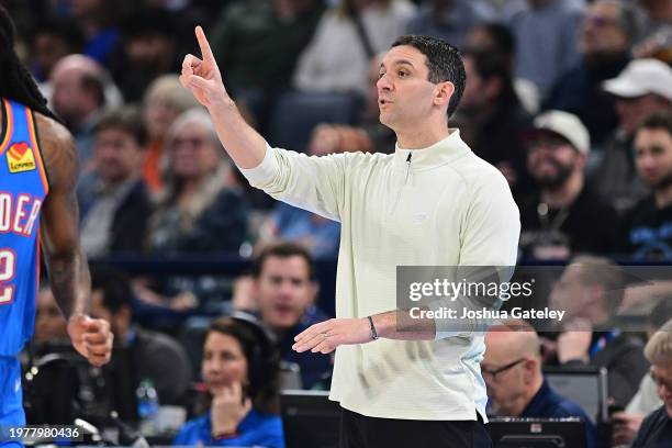 Mark Daigneault of the Oklahoma City Thunder looks on during the first half against the Denver Nuggets at Paycom Center on January 31, 2024 in...