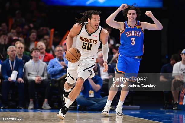 Aaron Gordon of the Denver Nuggets handles the ball during the second half against the Oklahoma City Thunder at Paycom Center on January 31, 2024 in...