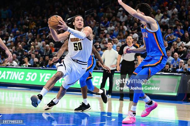 Aaron Gordon of the Denver Nuggets drives the lane during the second half against the Oklahoma City Thunder at Paycom Center on January 31, 2024 in...