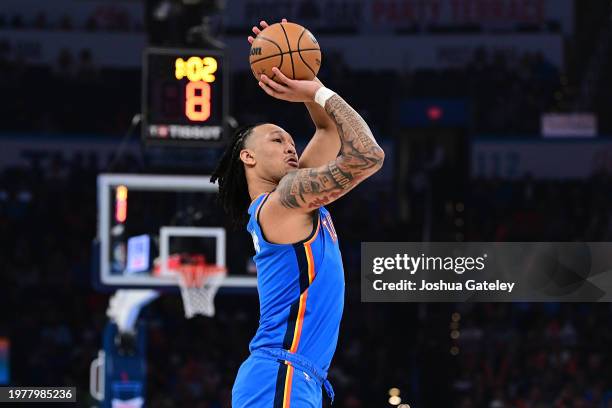 Jaylin Williams of the Oklahoma City Thunder puts up a shot during the first half against the Denver Nuggets at Paycom Center on January 31, 2024 in...