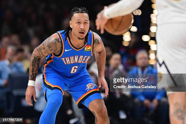 Jaylin Williams # of the Oklahoma City Thunder prepares to defend during the first half against the Denver Nuggets at Paycom Center on January 31,...
