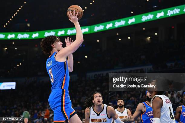 Josh Giddey of the Oklahoma City Thunder puts up a shot during the first half against the Denver Nuggets at Paycom Center on January 31, 2024 in...