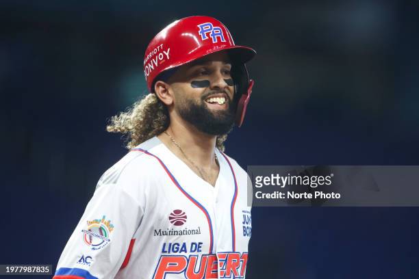 Jack López of Criollos de Caguas of Puerto Rico heads to first base in the third inning during a game between Nicaragua and Puerto Rico at loanDepot...