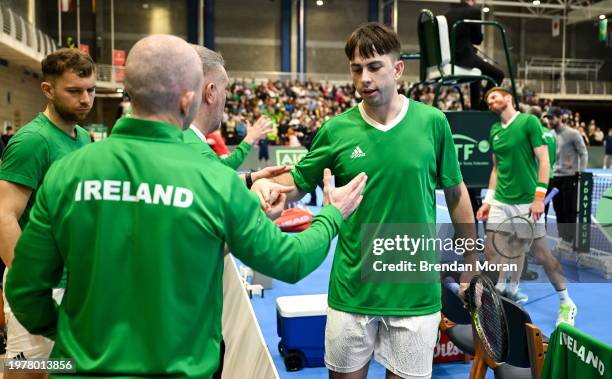 Limerick , Ireland - 4 February 2024; Conor Gannon of Ireland after his doubles match against Alexander Erler and Lucas Miedler of Austria on day two...