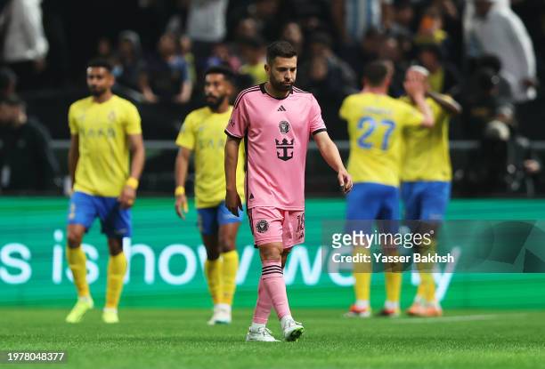 Jordi Alba of Inter Miami looks dejected after Aymeric Laporte of Al-Nassr scores his team's third goal during the Riyadh Season Cup match between...