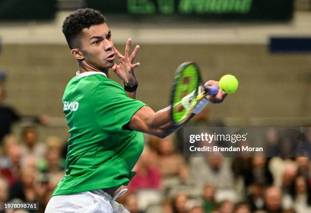 Limerick , Ireland - 4 February 2024; Michael Agwi of Ireland in action against Lucas Miedler of Austria during their singles match on day two of the...