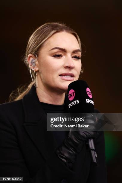 Laura Woods, English Television Presenter, broadcasts with TNT Sports prior to the Premier League match between Wolverhampton Wanderers and...