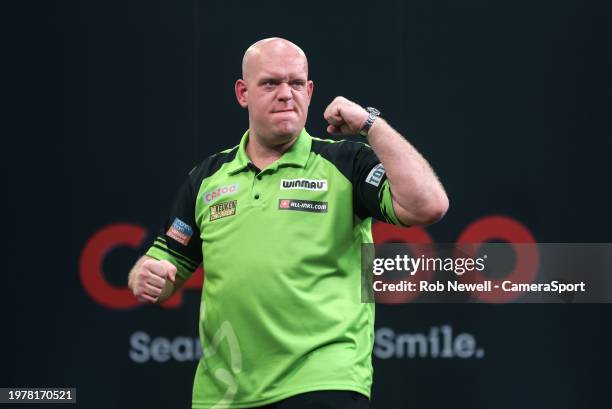 Michael van Gerwen after winning his PDC 2024 Cazoo Masters Quarter-Final match against Dave Chisnall at Marshall Arena on February 4, 2024 in Milton...