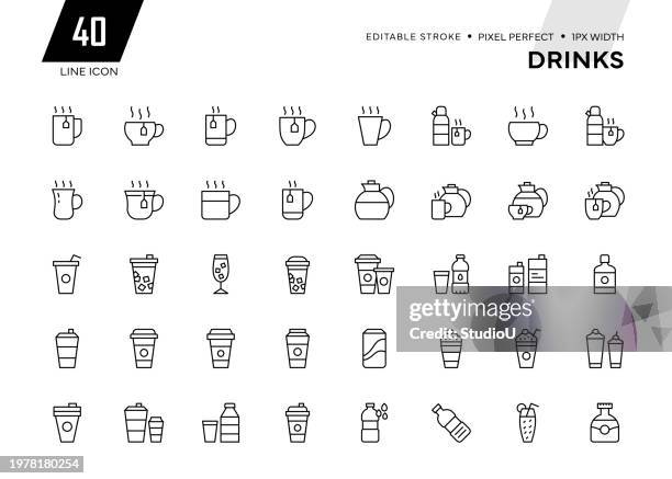 drinks line icon collection - ice coffee stock illustrations