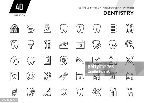 illustrations, cliparts, dessins animés et icônes de collection d’icônes de ligne de dentisterie - se brosser les dents