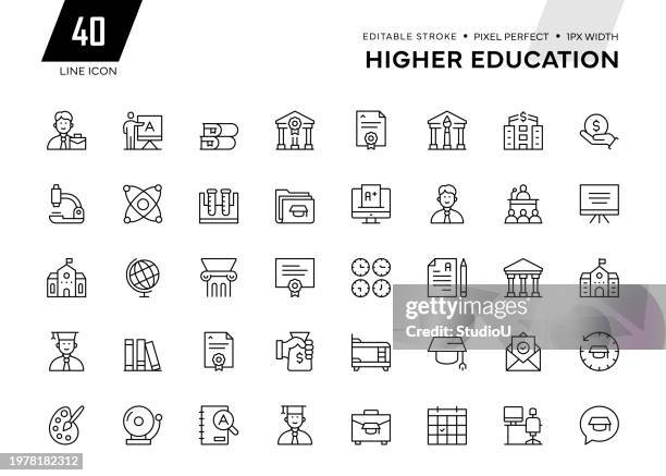 ilustrações de stock, clip art, desenhos animados e ícones de higher education line icon collection - ensino superior