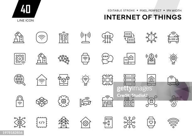 internet of things line icon collection - smart home icon set stock illustrations