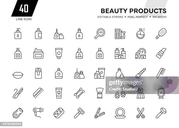 stockillustraties, clipart, cartoons en iconen met beauty products line icon collection - elektrisch scheerapparaat