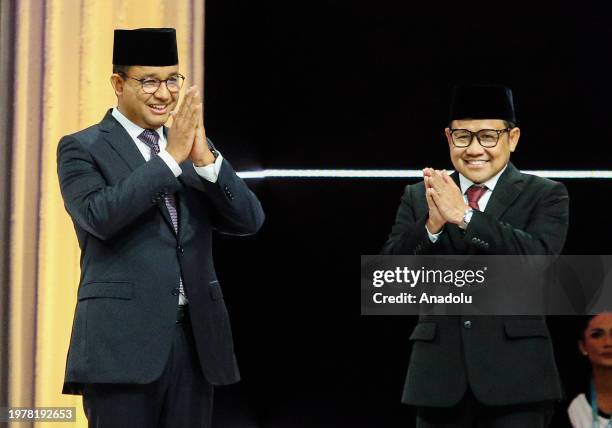 Presidential candidate Anies Baswedan and Vice Presidential Candidate Muhaimin Iskandar attend the fifth debate of the 2024 Presidential Election at...