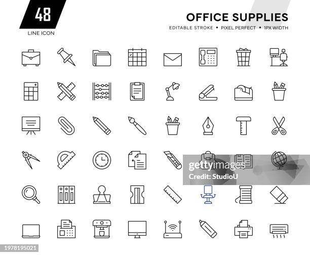 kollektion der bürobedarfslinie - federmäppchen stock-grafiken, -clipart, -cartoons und -symbole