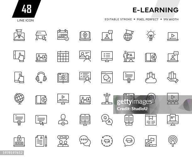 illustrations, cliparts, dessins animés et icônes de collection d’icônes de ligne d’apprentissage en ligne - master class