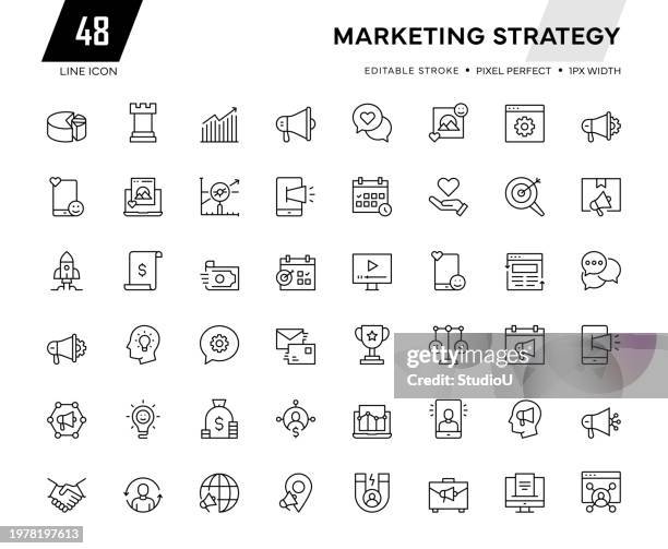 ilustraciones, imágenes clip art, dibujos animados e iconos de stock de colección de iconos de línea de estrategia de marketing - estrategia