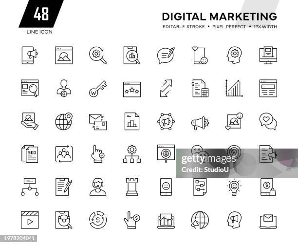 ilustrações, clipart, desenhos animados e ícones de linha de marketing digital icon collection - marketing nas redes sociais