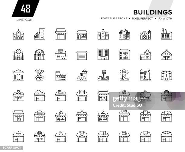 buildings line icon collection - military base vector stock illustrations