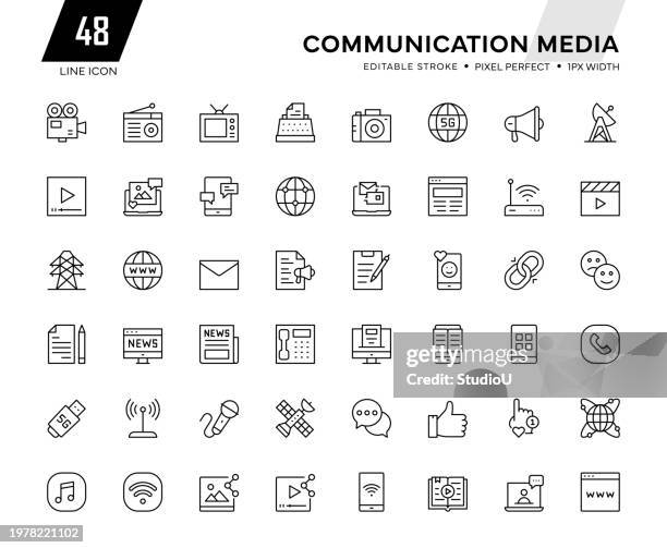 illustrations, cliparts, dessins animés et icônes de collection d’icônes de ligne de médias de communication - téléphone équipement de télécommunication