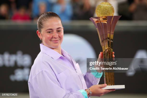 Tournament Winner Jelena Ostapenko of Latvia with the trophy during the award ceremony of the WTA 500 Upper Austria Ladies on February 4, 2024 in...