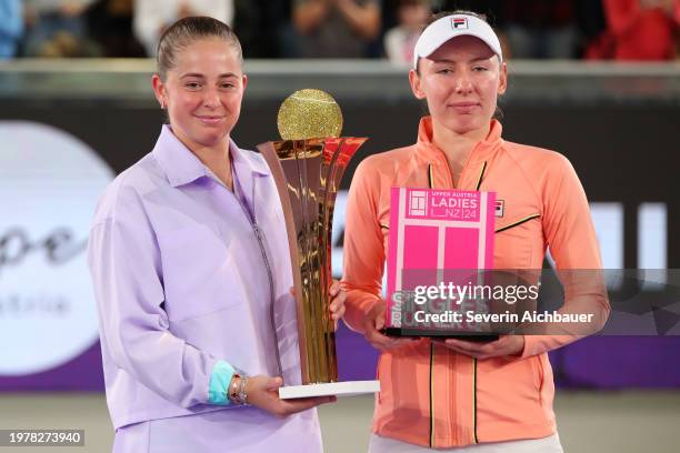 Tournament Winner Jelena Ostapenko of Latvia and runner up Ekaterina Alexandrova of Russia during the award ceremony of the WTA 500 Upper Austria...