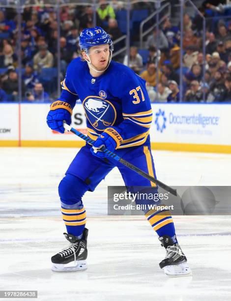 Casey Mittelstadt of the Buffalo Sabres skates against the Tampa Bay Lightning during an NHL game on January 20, 2024 at KeyBank Center in Buffalo,...