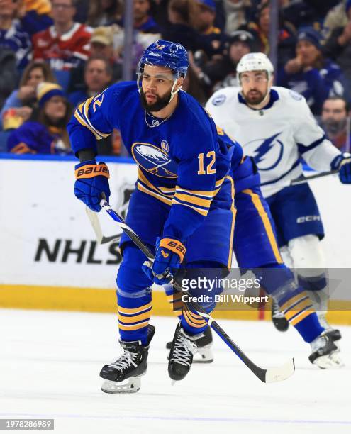 Jordan Greenway of the Buffalo Sabres skates against the Tampa Bay Lightning during an NHL game on January 20, 2024 at KeyBank Center in Buffalo, New...