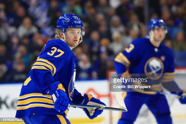 Casey Mittelstadt of the Buffalo Sabres skates against the Tampa Bay Lightning during an NHL game on January 20, 2024 at KeyBank Center in Buffalo,...