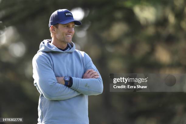 Former NFL quarterback Tom Brady looks on during the first round of the AT&T Pebble Beach Pro-Am at Spyglass Hill Golf Course on February 01, 2024 in...