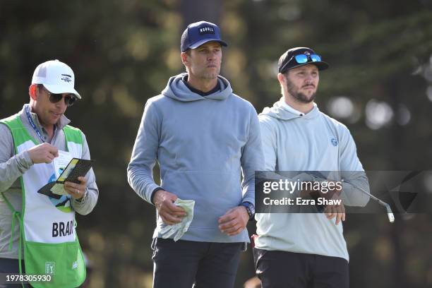 Former NFL quarterback Tom Brady, center, and Josh Allen of the NFL Buffalo Bills, right, look on during the first round of the AT&T Pebble Beach...