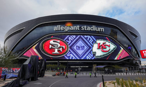 Video board displays logos for Super Bowl LVIII at Allegiant Stadium on February 01, 2024 in Las Vegas, Nevada. The game will be played on February...