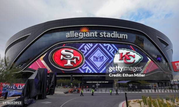 Video board displays logos for Super Bowl LVIII at Allegiant Stadium on February 01, 2024 in Las Vegas, Nevada. The game will be played on February...