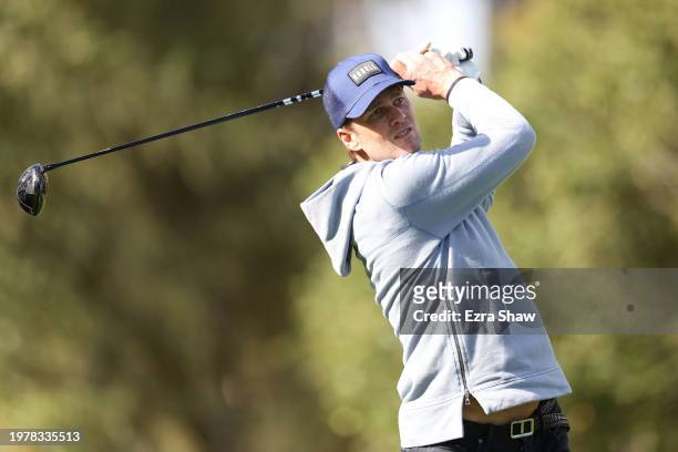 Former NFL quarterback Tom Brady plays a shot during the first round of the AT&T Pebble Beach Pro-Am at Spyglass Hill Golf Course on February 01,...