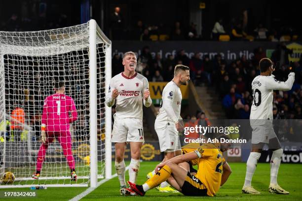 Rasmus Hojlund of Manchester United celebrates scoring their second goal during the Premier League match between Wolverhampton Wanderers and...