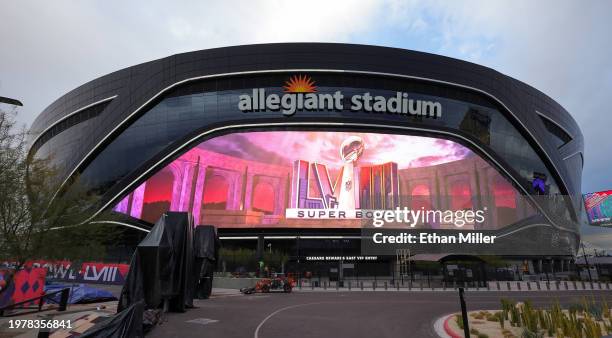 Video board displays a logo for Super Bowl LVIII at Allegiant Stadium on February 01, 2024 in Las Vegas, Nevada. The game will be played on February...