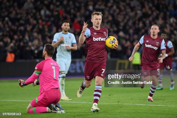 James Ward-Prowse of West Ham United celebrates scoring his team's first goal during the Premier League match between West Ham United and AFC...