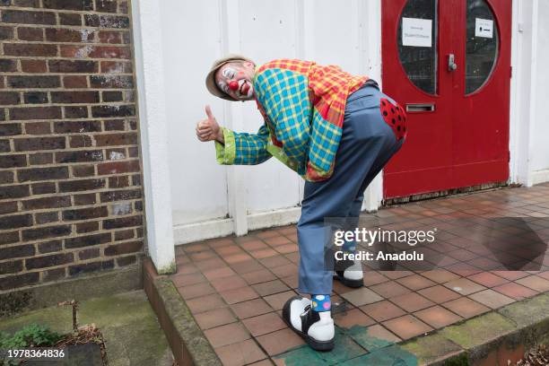 Clown arrives for the 78th Annual Grimaldi Memorial Service at All Saints Church in Haggerston, London, United Kingdom on February 04, 2024. Each...