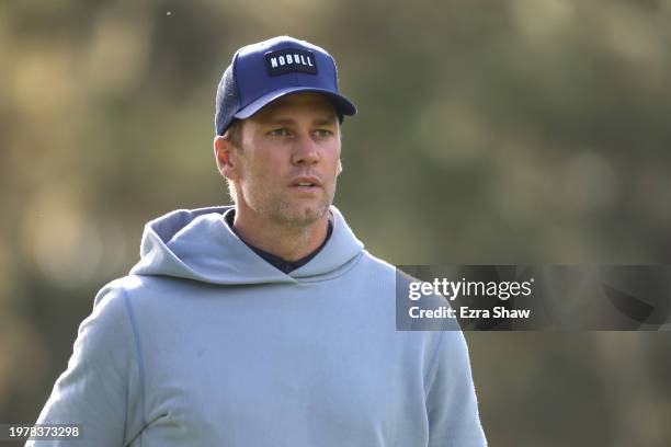 Former NFL quarterback Tom Brady looks on during the first round of the AT&T Pebble Beach Pro-Am at Spyglass Hill Golf Course on February 01, 2024 in...