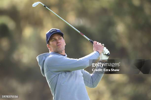 Former NFL quarterback Tom Brady plays a shot during the first round of the AT&T Pebble Beach Pro-Am at Spyglass Hill Golf Course on February 01,...