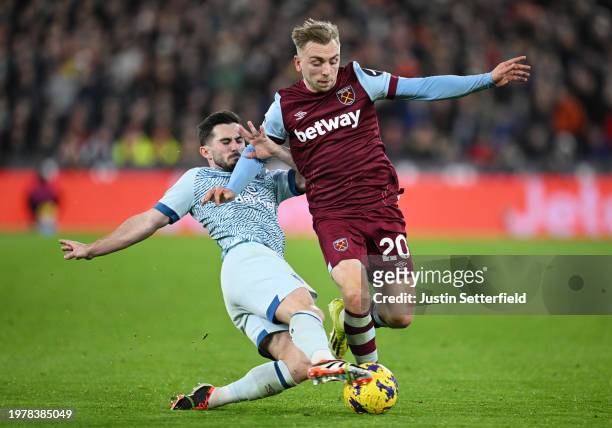 Jarrod Bowen of West Ham United is challenged by Adam Smith of AFC Bournemouth during the Premier League match between West Ham United and AFC...