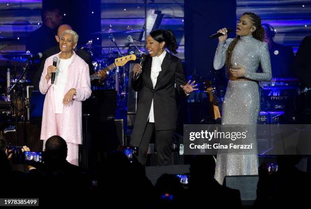 Dionne Warwick, left, Gladys Knight and Andra Day perform during the 66th Grammy Awards Pre-Grammy Gala at the Beverly Hilton on February 3, 2024 in...