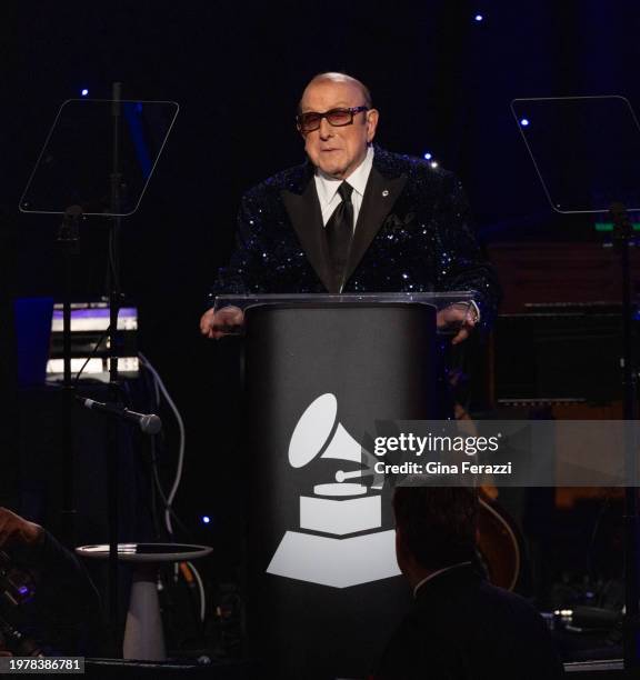 Clive Davis introduces performers during the 66th Grammy Awards Pre-Grammy Gala at the Beverly Hilton on February 3, 2024 in Beverly Hills,...