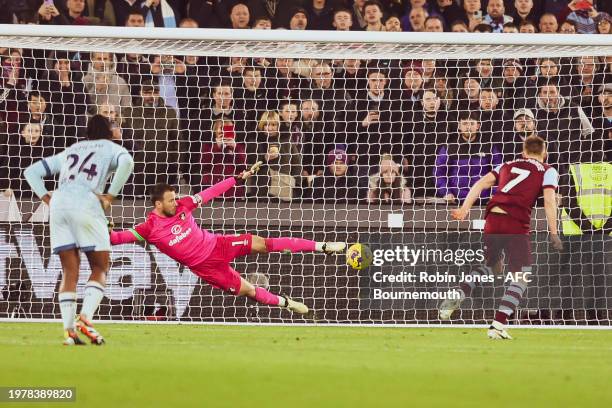 James Ward-Prowse of West Ham United scores a goal to make it 1-1 from the spot during the Premier League match between West Ham United and AFC...