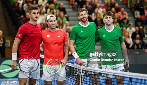 Limerick , Ireland - 4 February 2024; Alexander Erler and Lucas Miedler of Austria, left, and David O'Hare and Conor Gannon of Ireland before their...