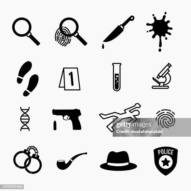 ilustraciones, imágenes clip art, dibujos animados e iconos de stock de íconos de investigación criminal - homicidio