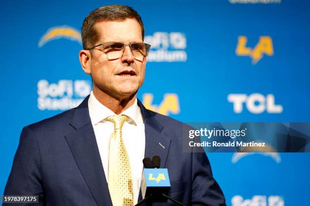 Newly appointed head coach Jim Harbaugh of the Los Angeles Chargers speaks to the media during a press conference at YouTube Theater on February 01,...