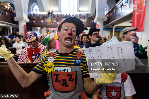 Clowns attend the 78th Annual Grimaldi Memorial Service at All Saints Church in Haggerston, London, United Kingdom on February 04, 2024. Each year...