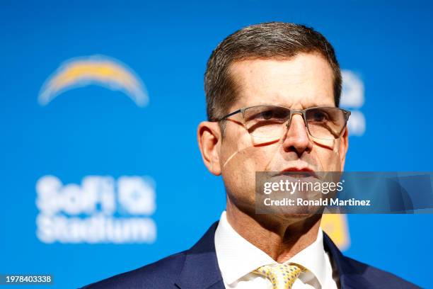 Newly appointed head coach Jim Harbaugh of the Los Angeles Chargers speaks to the media during a press conference at YouTube Theater on February 01,...