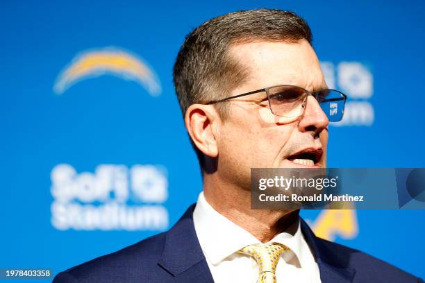 Newly appointed head coach Jim Harbaugh of the Los Angeles Chargers speaks to the media during a press conference at YouTube Theater on February 01,...